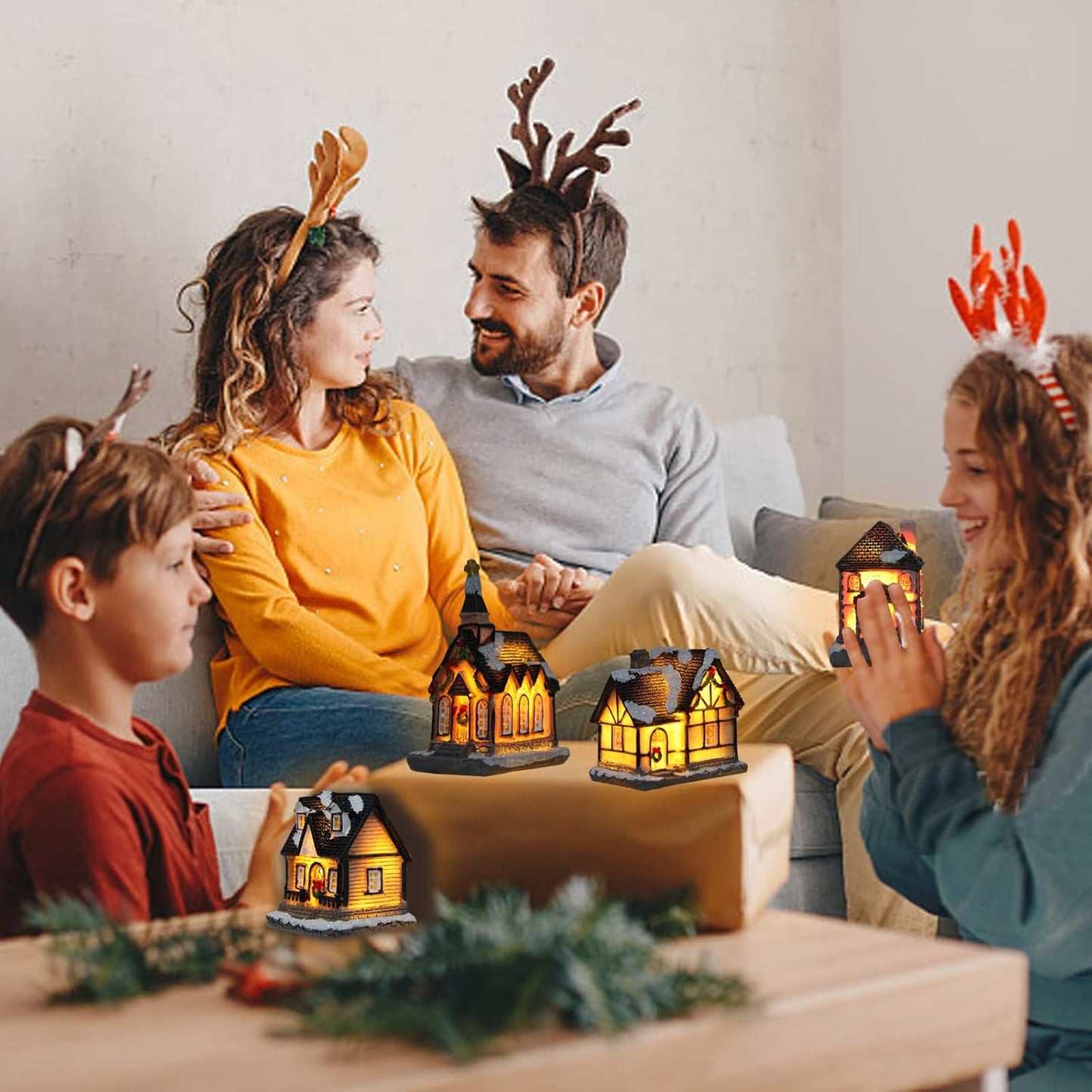 Skiennix Christmas Village House Set - 4 Pcs Resin Collectible Buildings with LED Lanterns for Holiday Decor