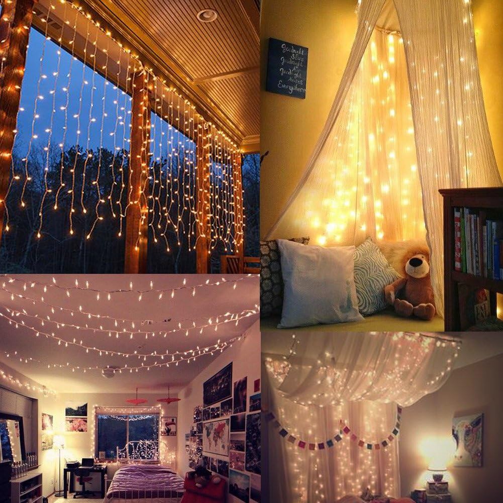 300 LED Twinkle Star Curtain String Lights - Warm White for Wedding, Home & Garden Decor