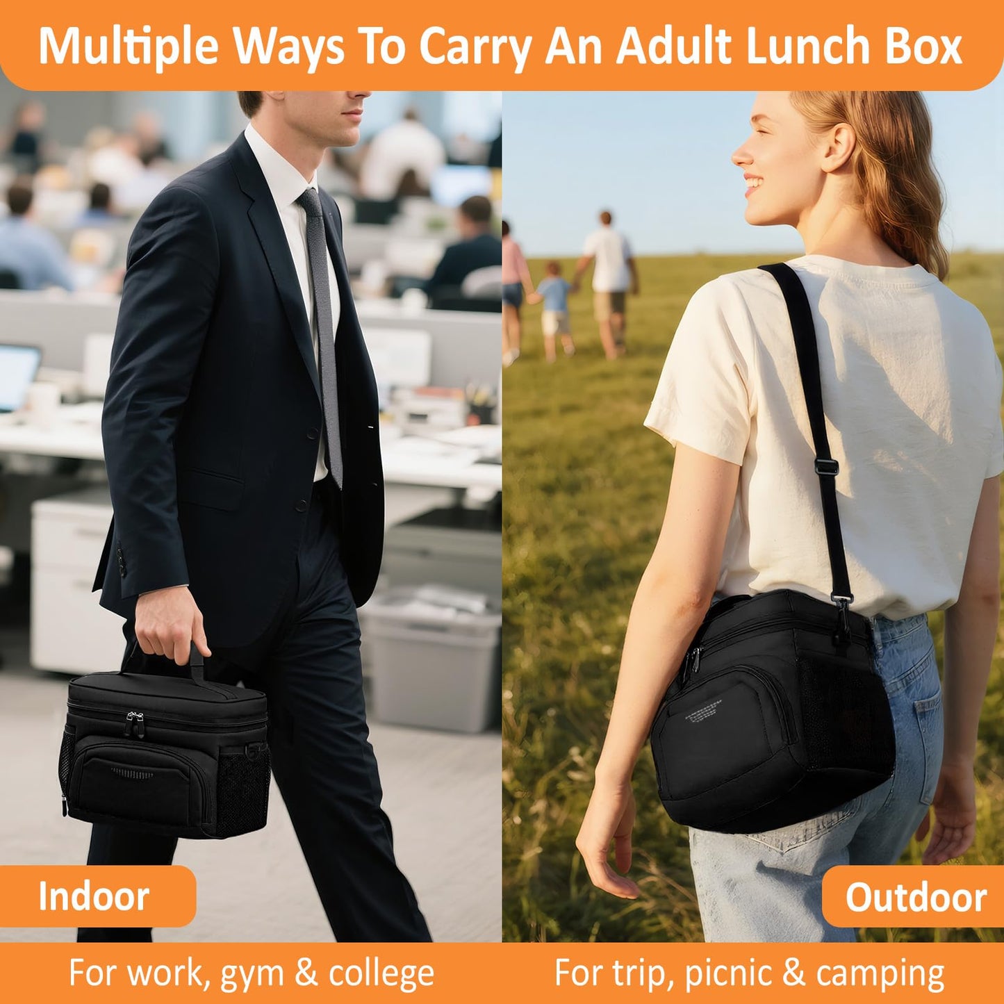 Vankor Lunch Box for Men Women, Insulated Lunch Bag Reusable Leakproof Cooler Lunch Tote Bag with Adjustable Shoulder Strap for Work Office Picnic Beach Travel, Black