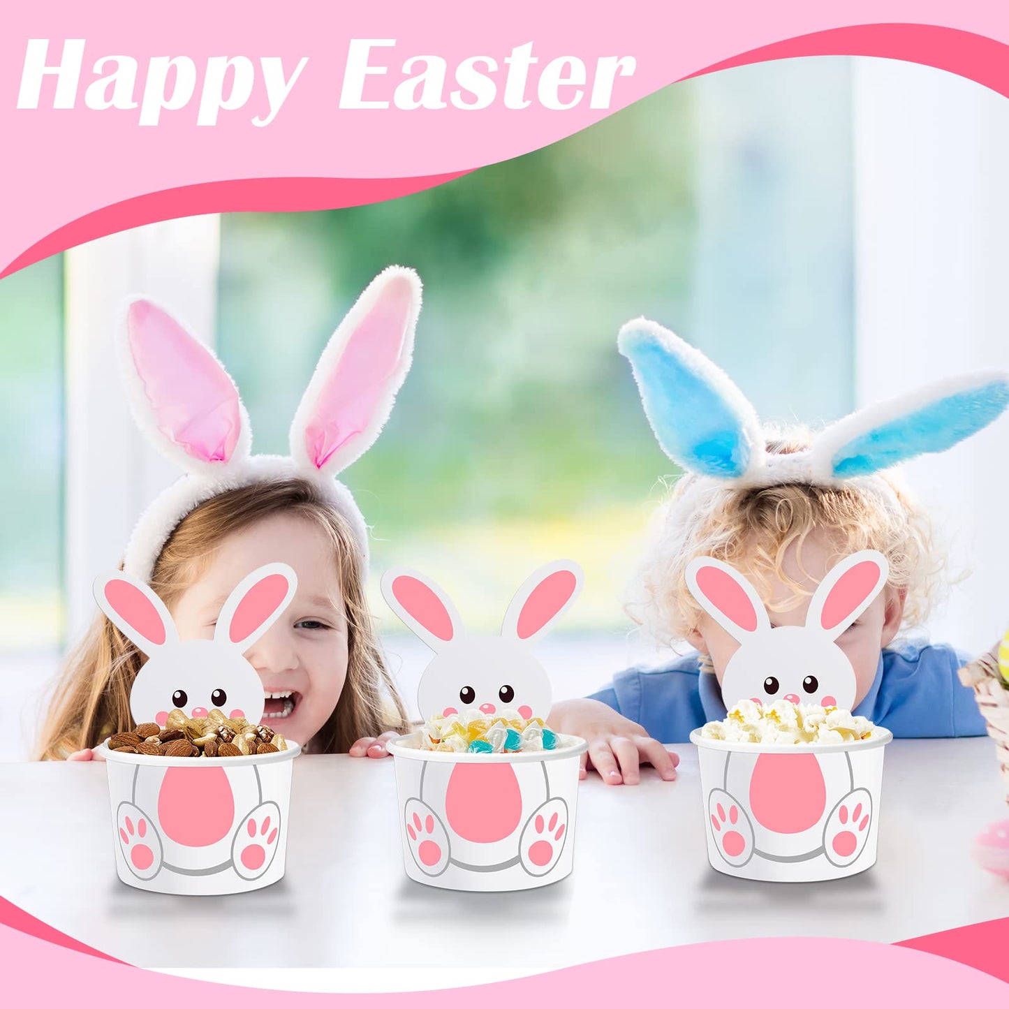 Suclain 24 Pack Easter Bunny Snack Cups 8 oz Easter Party Paper Treat Bowls Disposable Bunny Dessert Cups Small Holiday Kids Party Cups for Party Favors Decorations Supplies