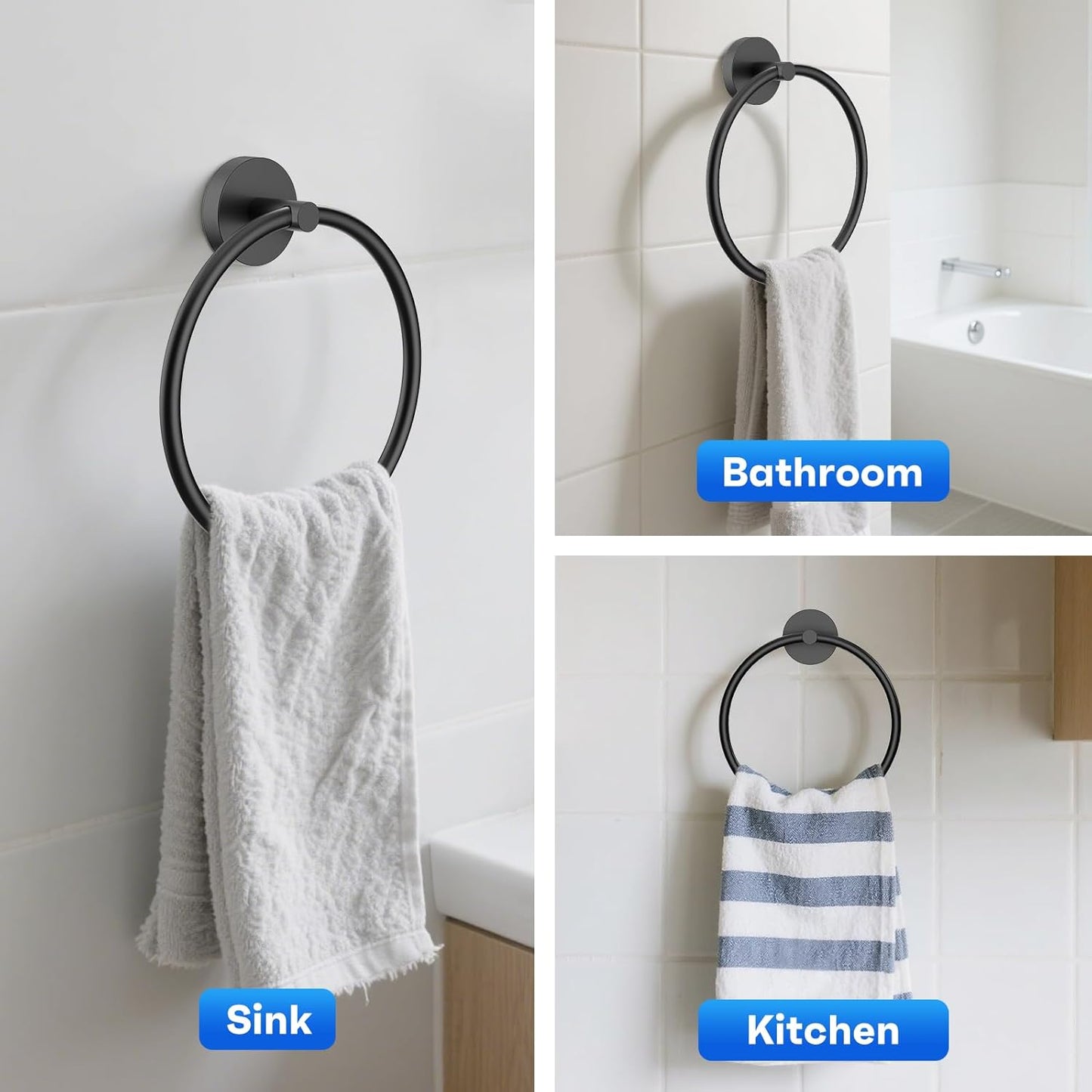 Skiennix Hand Towel Holder - Matte Black Stainless Steel Towel Ring for Bathroom Wall | Round Design