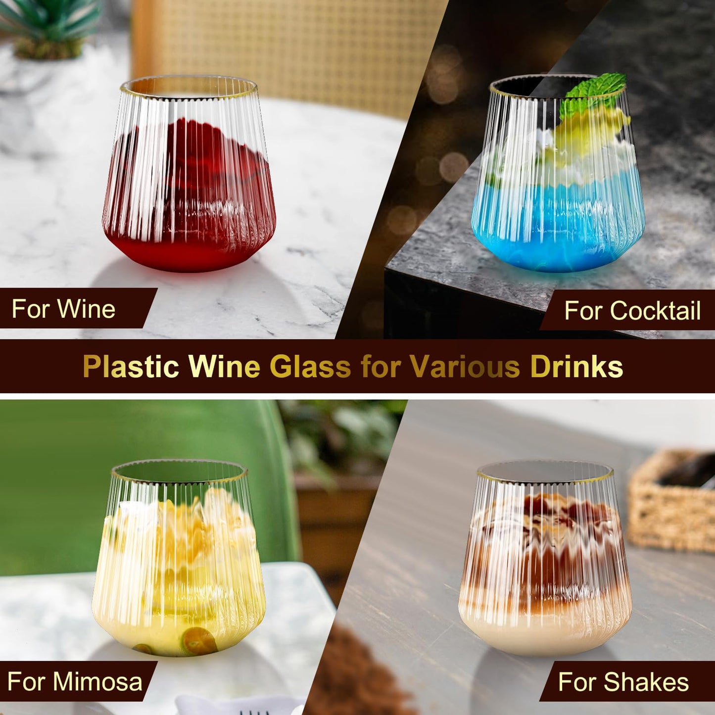 Lueumxc 40 Pack Plastic Ribbed Wine Glasses, 14Oz Origami Disposable Wine Glasses Unbreakable Clear Plastic Cocktail Glasses Recyclable Shatterproof Reusable Wine Cups (14oz-Gold Rim 40pack)