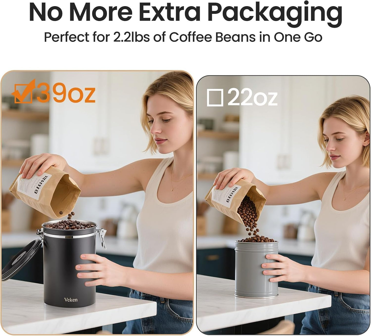 Veken Coffee Canister - Airtight Stainless Steel Food Storage Container | 39oz for Coffee, Sugar, Tea & More