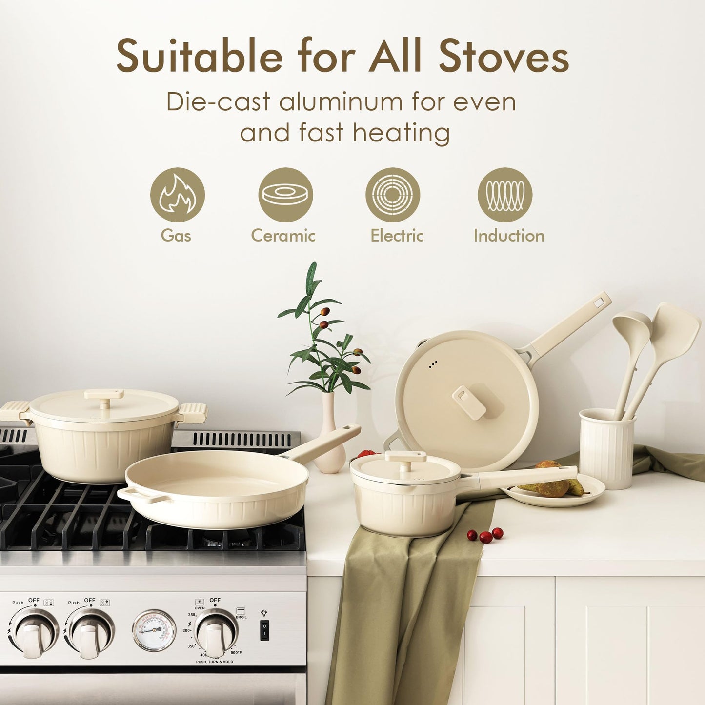 SENSARTE Ceramic Cookware Set Non-toxic 14 Pcs, Nonstick Pots and Pans Set, Dishwasher Safe Induction Cookware, Healthy Kitchen Cooking Set w/Die-cast Lids, PFOA/PFAS/PTFE Free