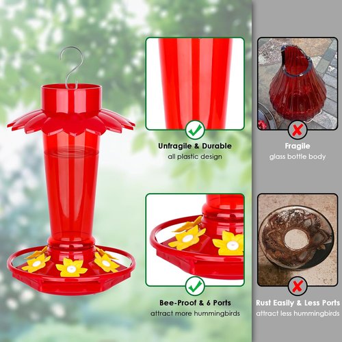 Fchstaer Hummingbird Feeders - 10 Oz Red Outdoor Hanging Feeders with 6 Ports & Ant Moat | 2 Pack