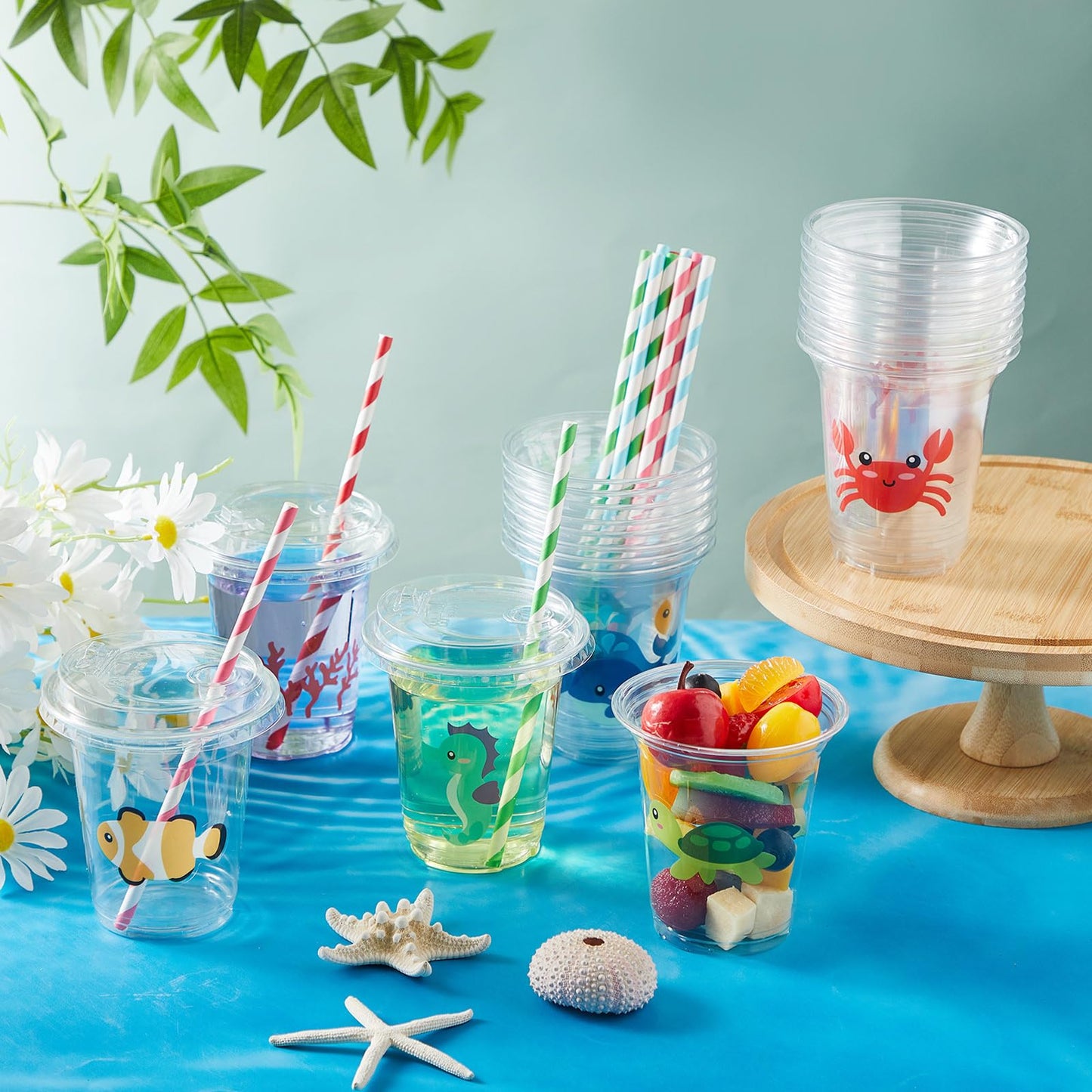 Boao 36 Sets Under the Sea Ocean Party Cups with Lids and Paper Straws 14 oz Summer Sea Birthday Party Supplies Beach Pool Disposable Clear Plastic Cups Bulk
