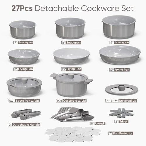 CAROTE 27pcs Ceramic Cookware Set Nonstick, Pots and Pans Set Non Stick, Non Toxic Cookware Detachable Handles, Dishwasher/Oven Safe, RV/Camping Cookware, Pan and Pot with Kitchen Utensils, Dark Gray