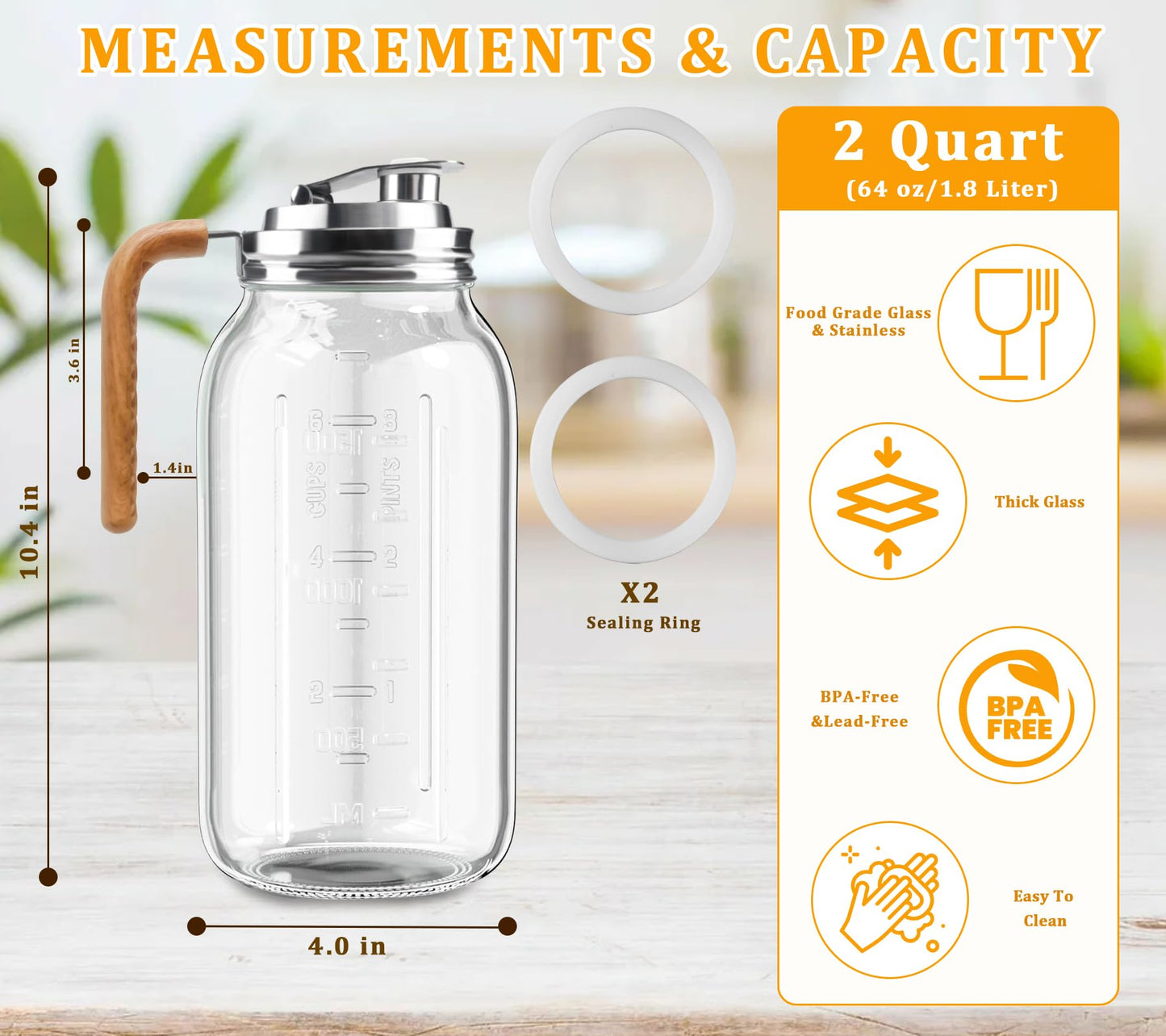 Glass Pitcher With Lid,304 Stainless Steel Lid,2 Seal Ring,64 oz(2 Quart/1.8 Liter),Mason Jar Cold Brew Water Iced Tea Brewing Breast Milk Pitcher,Sun Tea Glass Jar For Outside,Pitchers For Drinks