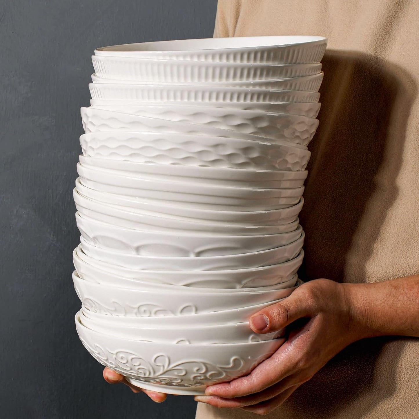 Artena Pasta Bowls Set of 4 - 32oz Ceramic Salad Bowls | 8-Inch White Embossed Design, Microwave & Dishwasher Safe