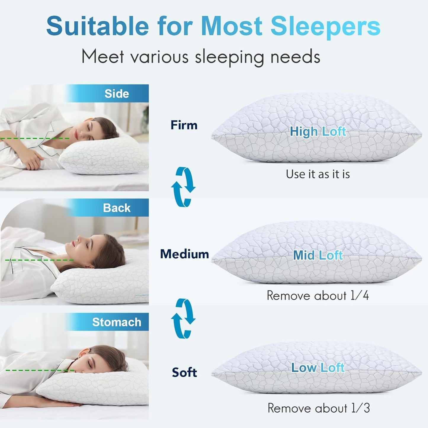 QUTOOL Cooling Pillow - CertiPUR-US Shredded Memory Foam Set of 2 | Adjustable Firmness for All Sleep Positions