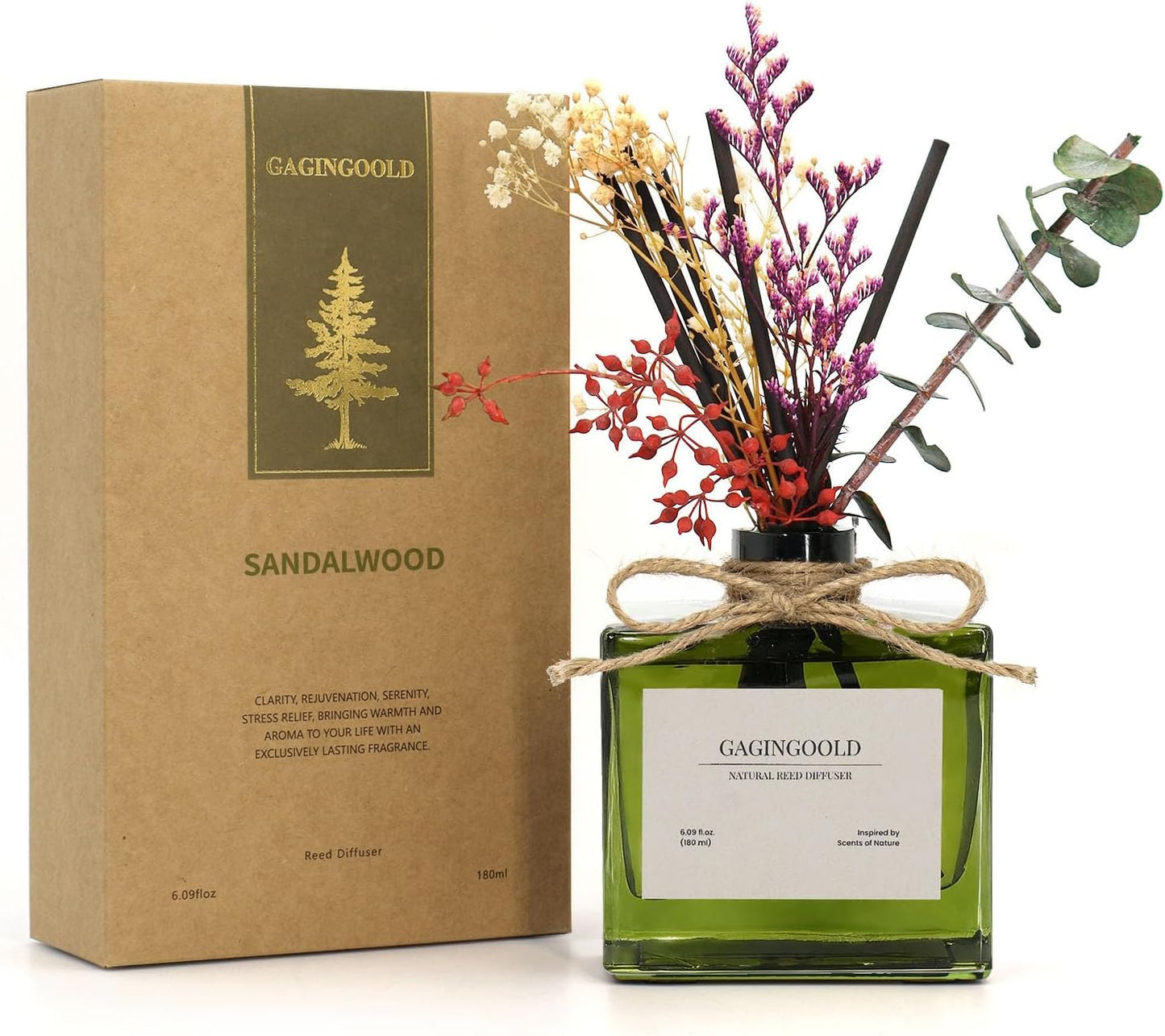 Reed | Earthy Sandalwood Scented Diffuser by [Brand Name] - 6.09 oz with Sticks & Dried Flowers, Lasts 120 Days