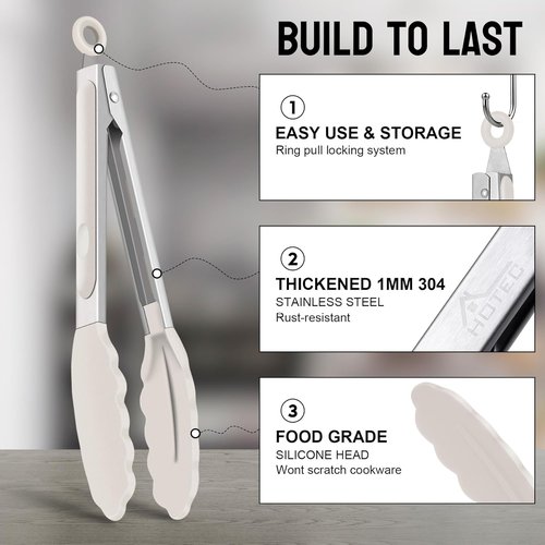 HOTEC Premium Stainless Steel Kitchen Tongs - Set of 2 (9" & 12") with Silicone Tips in Khaki