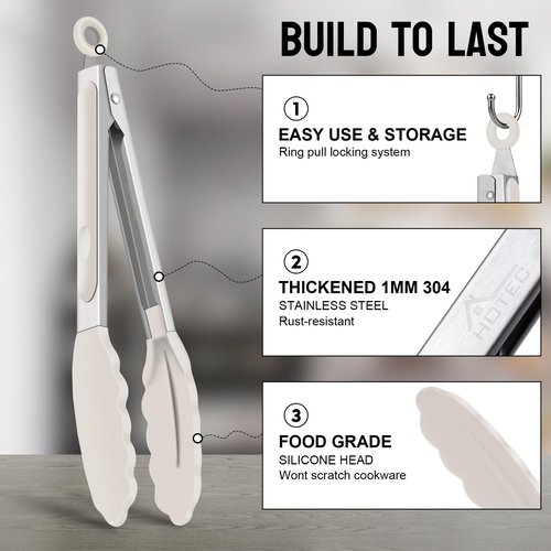 HOTEC Premium Stainless Steel Locking Kitchen Tongs with Silicon Tips, Set of 2-9" and 12",Khaki