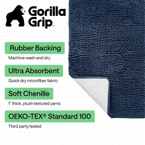 GORILLA GRIP Bath Rug Mat - Soft Absorbent Chenille | Quick Dry Microfiber, 48x17, Navy