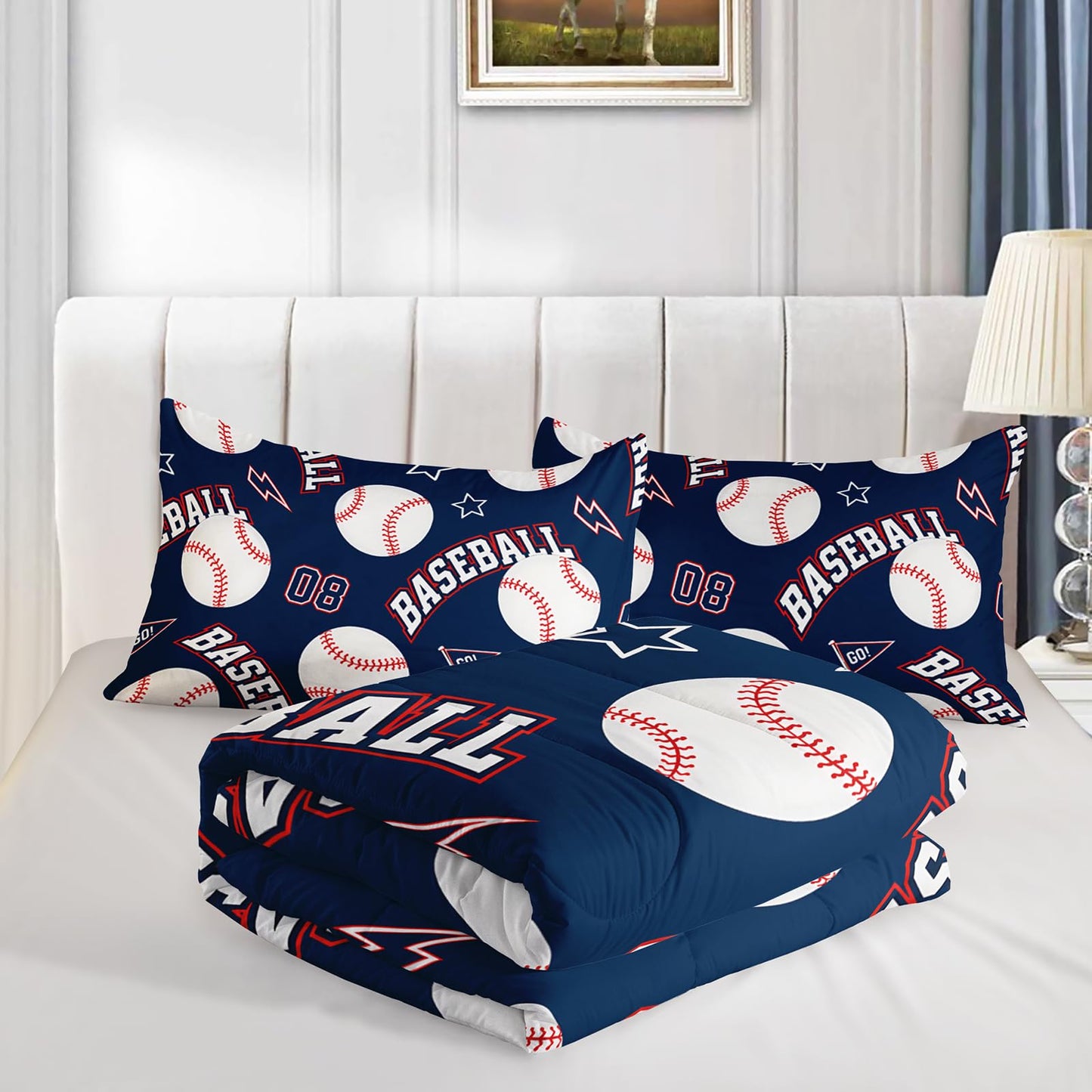 QOOMO 3D Baseballs Comforter Twin Size,Blue Baseball Kids Bedding Set,3Pcs Bedding Set Printed Comforter with 2 Pillowcases,Down Alternative,Soft and Lightweight,for All Seasons