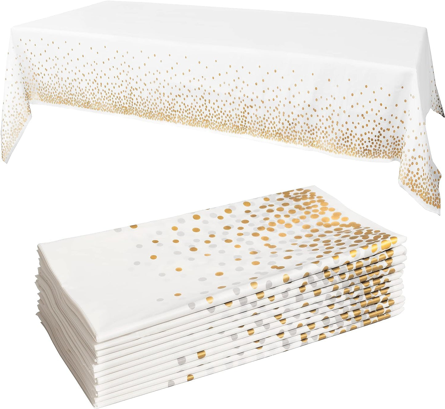 GUUVOR 12 Pack Plastic Table Cloth Disposable, 54”x108” Black and Gold Table Cloths for Parties, Waterproof and Greaseproof Gold Dot Rectangles Tablecloth for Party Decorations BBQ,Wedding,Fine Dining