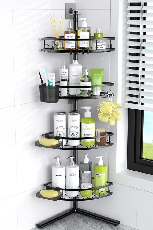 Aitatty Corner Shower Caddy - 4-Tier Rustproof Bathroom Organizer Shelf - Black Floor Rack