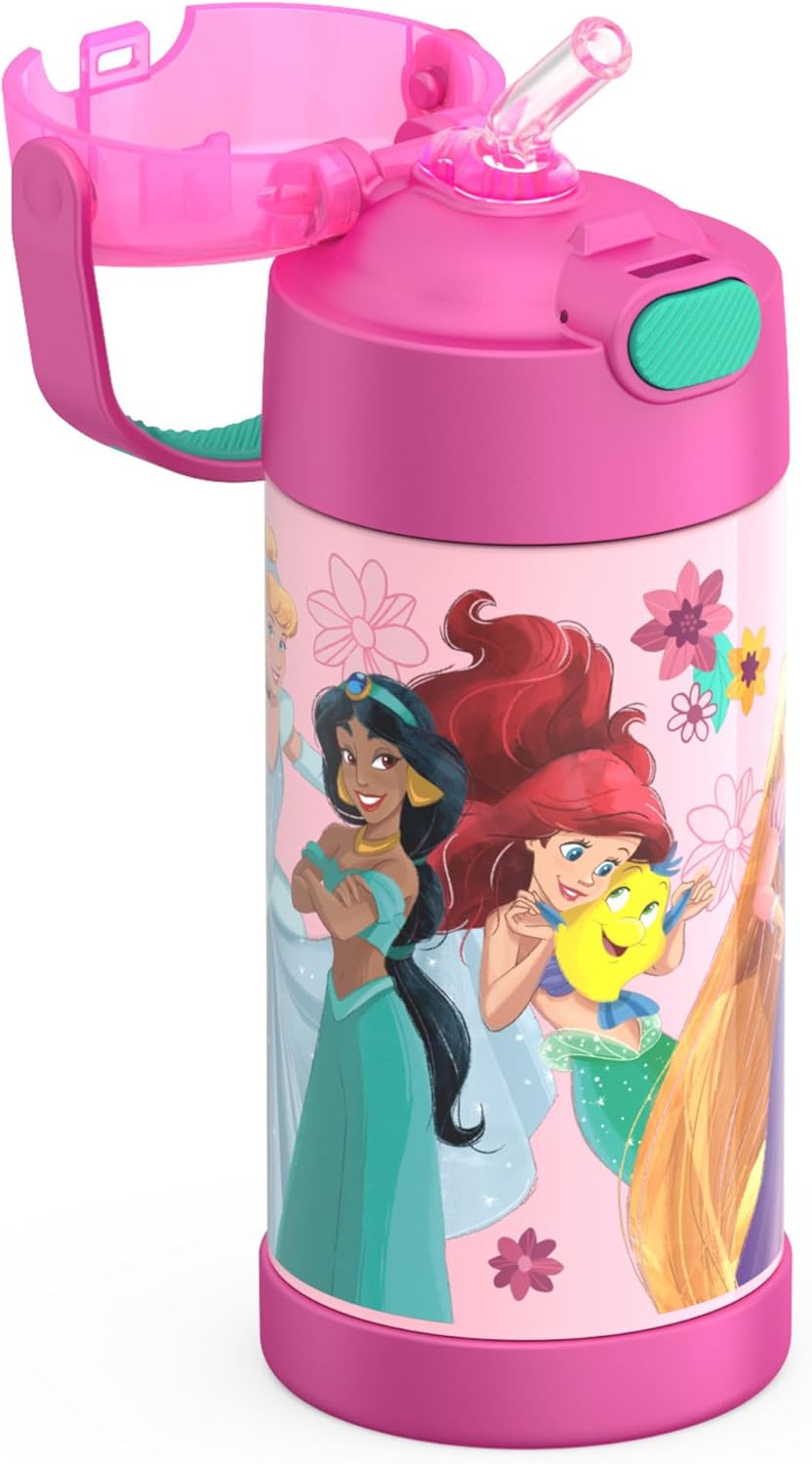 THERMOS FUNTAINER Water Bottle - 12 Ounce Kids Stainless Steel Insulated Bottle with Straw - Princess Design