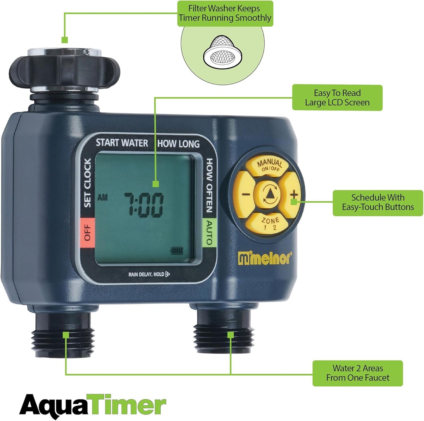 Melnor AquaTimer Digital Hose Timer - 2-Zone Programmable Watering System | Quick Connect Bundle, Black & Yellow