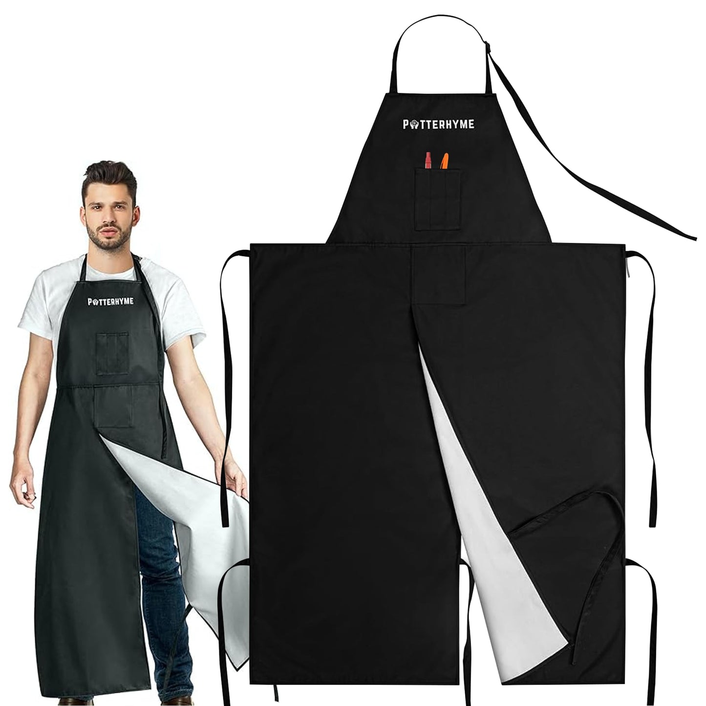 Potterhyme Reusable Full Coverage Waterproof Pottery Apron Split Leg - 100% Lined Polyester Apron For Men & Women - For Ceramic Wheel Throwing, Woodturning, Painting, and Clay or Tattoo Artists