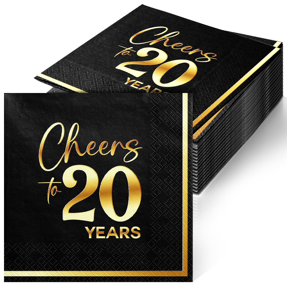 JOYGATHER Cheers to 20 Years - 50PCS Black & Gold Foil Cocktail Napkins, 3-Ply Disposable Paper 5x5 Inches 20th Birthday Decorations, Wedding, Anniversary, Party Men & Women