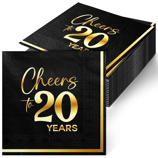 JOYGATHER Cheers to 20 Years - 50PCS Black & Gold Foil Cocktail Napkins, 3-Ply Disposable Paper 5x5 Inches 20th Birthday Decorations, Wedding, Anniversary, Party Men & Women