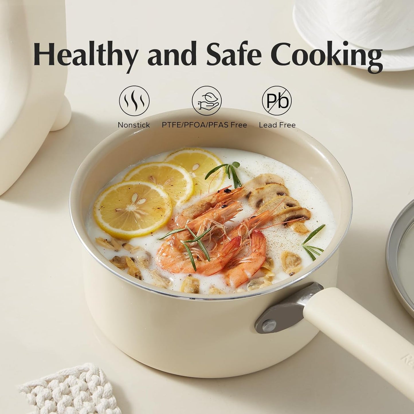 Redchef Ceramic Nonstick Saucepan - 1.5QT Small Cooking Pot with Lid | PFAS-Free, Cool Handle, White