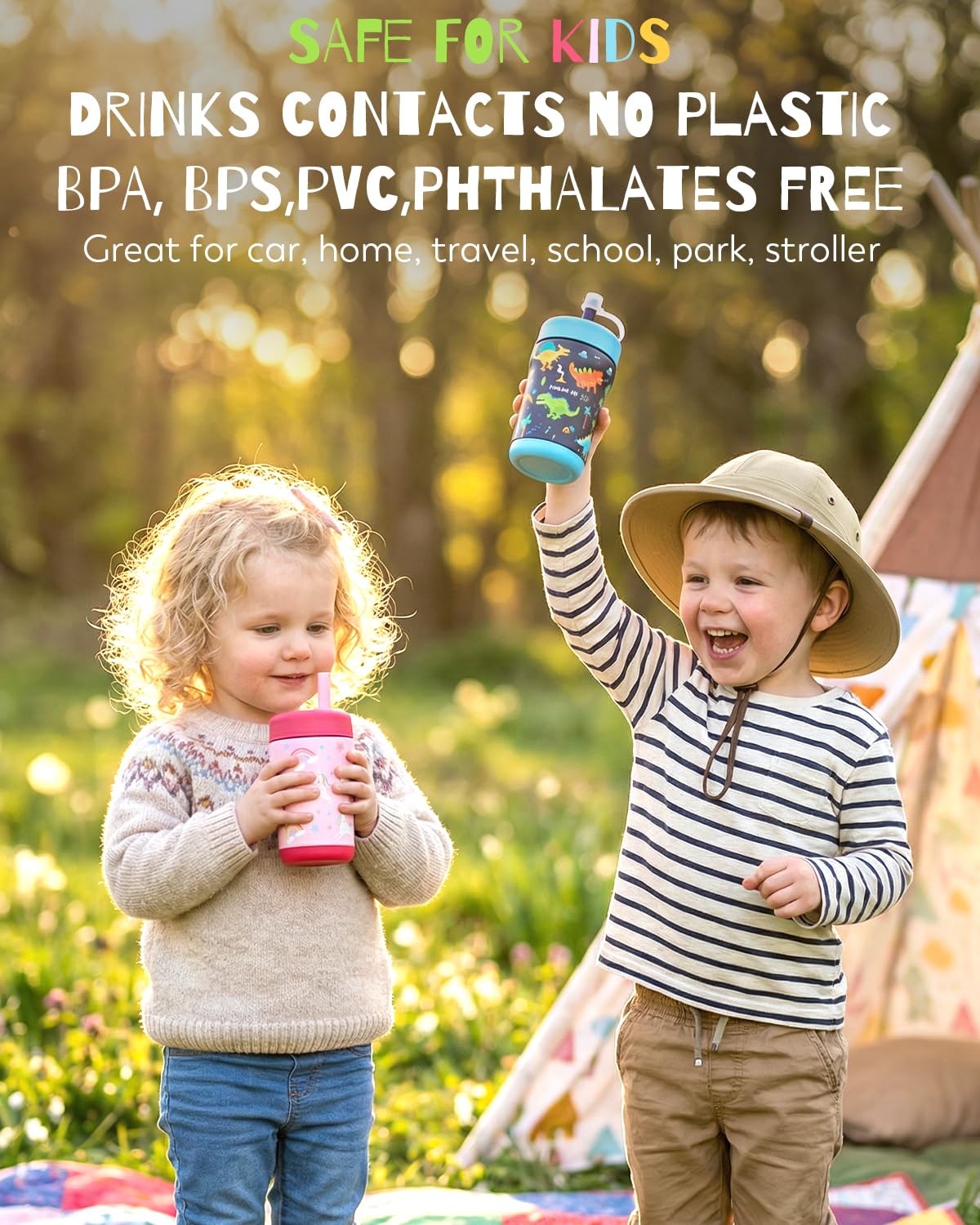 Zukro 12 oz Kids Insulated Stainless Steel Tumbler with Flexible Straw, Spill Proof Double-wall Toddlers Cup with Tritan Lid for Travel or At Home, BPA Free, Non-slip - Dinosaur & Unicorn