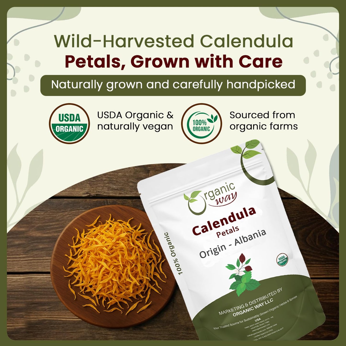 Organic Way Dried Calendula Flower Petals | Herbal Tea (Calendula officinalis) - European Wild-Harvest | Organic & Kosher Certified | Non GMO & Gluten Free | USDA Certified - Origin - Albania (2Oz)