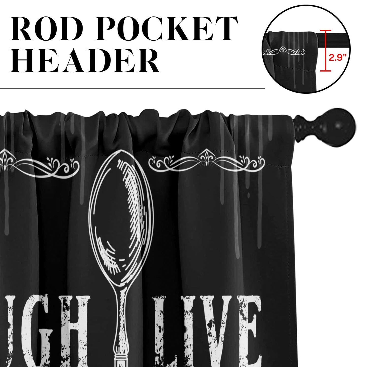 Tayney Black White Kitchen Window Curtains Valance and Tier Set 36 Inch Farmhouse Eat Good Laugh Often Live Well Rod Pocket Short Tier Curtain, Abstract Small Drapes for Kitchen Decor