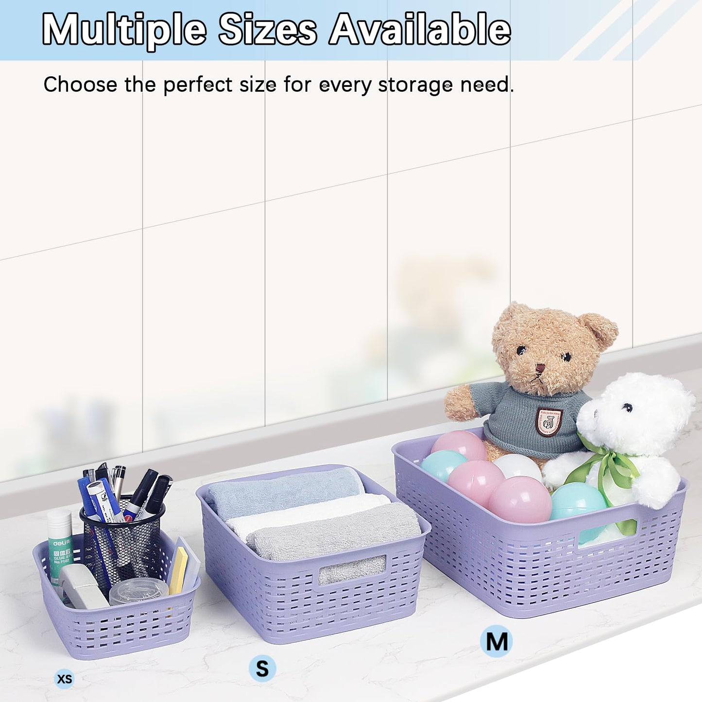 Plastic Storage Baskets for Cabinets, Household Pantry Organization with Handle,Organizer Bins for Room,Bathrooms,Under-Sink,Kitchen (Purple, S-3PACK)