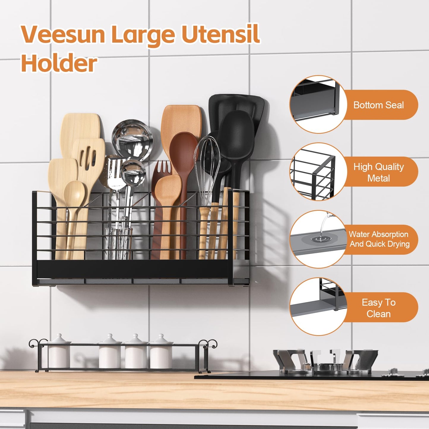 VEESUN Large Utensil Holder with Diatomaceous Earth Base, for Kitchen Counter, Cooking Utensil Organizer, 4 Compartments