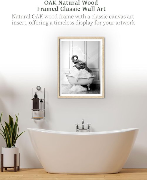 iHery Natural Oak Wood Framed Wall Art - Funny Elephant Bathing Canvas Print | 12x16 Inch Black and White Decor