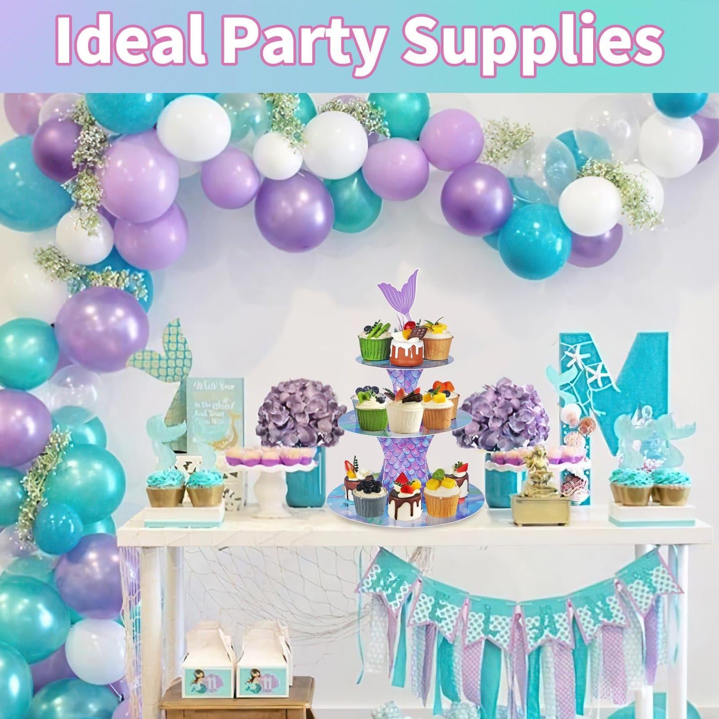 WINKIO Mermaid Cupcake Stand, Little Mermaid Birthday Party Decorations Supplies Favor Under the Sea Theme Cupcake Tower Holder for Girls Kids(1 Pack)