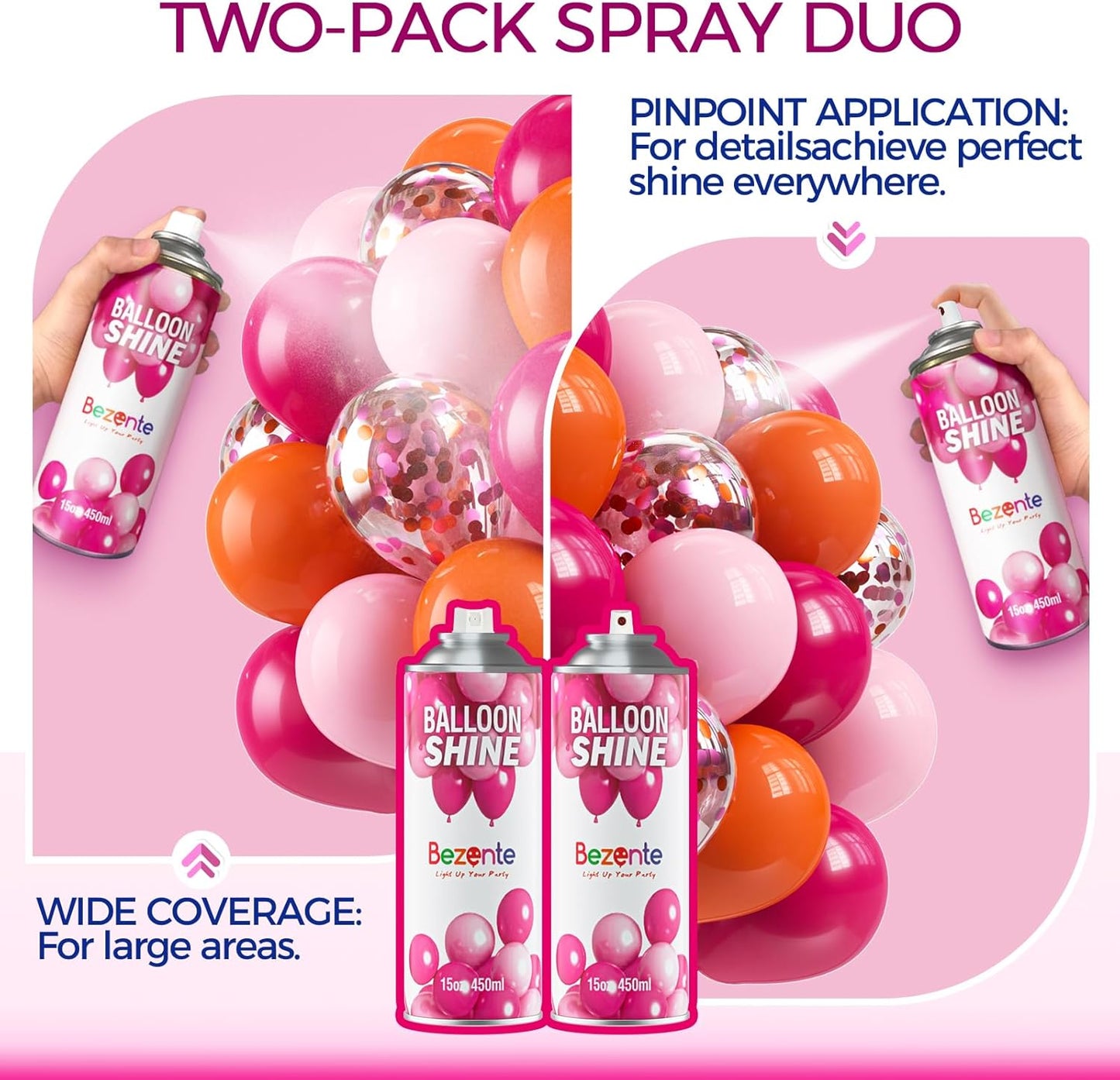 Bezente Balloon Shine Spray - High Shine, Waterproof Formula | 2 x 15oz Dual Nozzles for Precision & Wide Spray