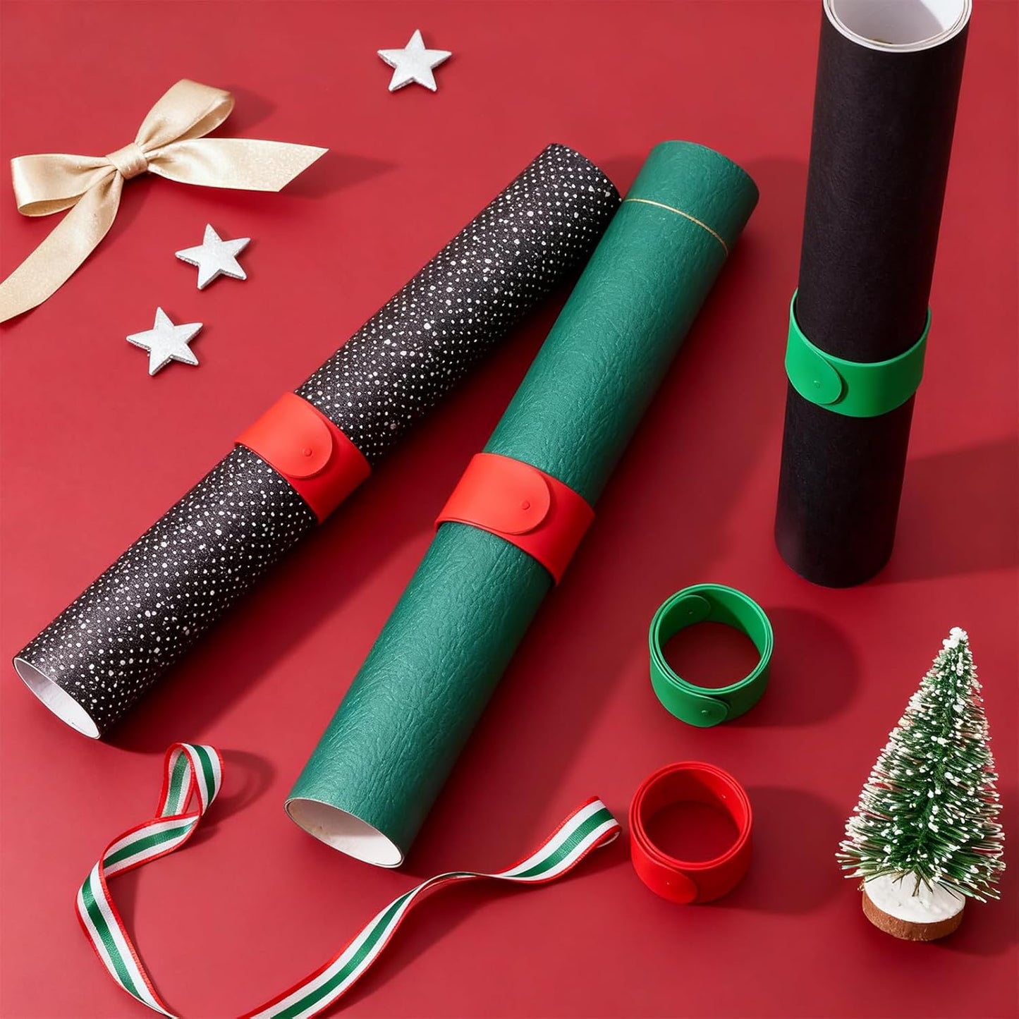 Skiennix Wrapping Paper Roll Holder - 12 Silicone-Covered Metal Strips for Easy Storage | 1'' X 9'' Clamps in White, Red, Green