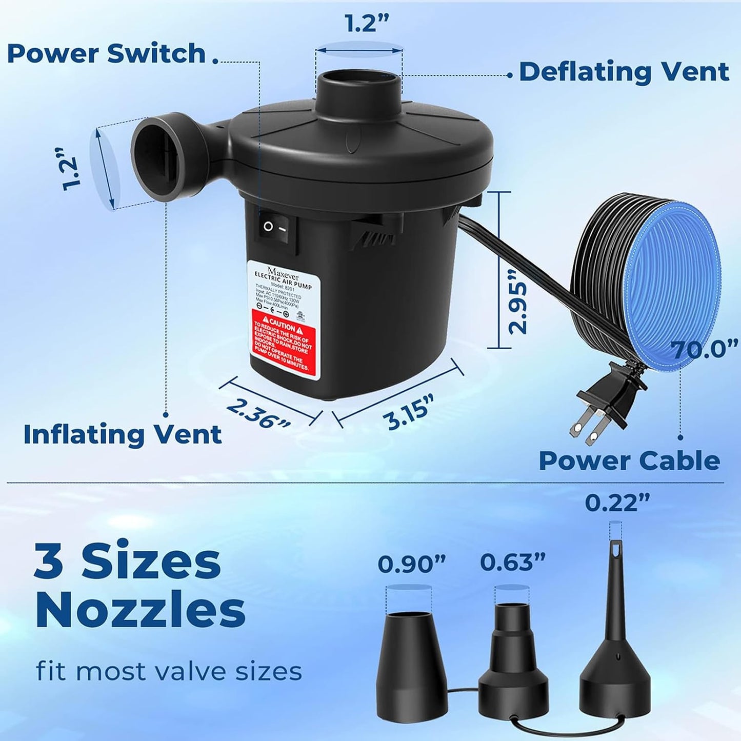 Quick-Fill Electric Air Pump - Portable Inflator/Deflator with 3 Nozzles for Inflatables | AC 110V-120V