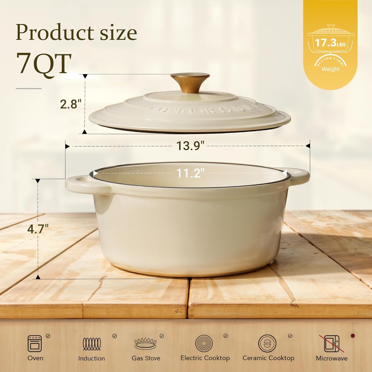 Overmont Enameled Cast Iron Dutch Oven - 7QT Heavy-Duty Pot with Lid & Potholders | Cream White for Braising, Stews, Roasting
