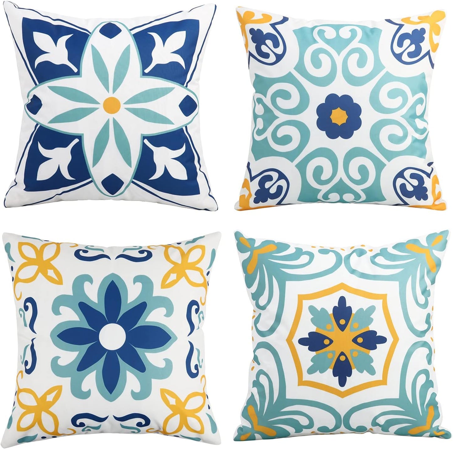 Pyonic Outdoor Pillow Covers - Waterproof 16x16 Spring/Summer Garden Cushion Cases | Set of 4, Blue