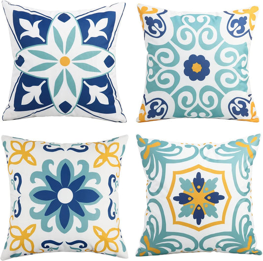 Pyonic Outdoor Waterproof Throw Pillow Covers - Set of 4 Floral Boho Design for Patio Furniture | 18x18 Inch Blue