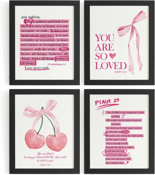 DSHFG Cute Preppy Pink Bow Bible Verses Wall Art - Set of 4 Christian Prints for Teen Girls' Rooms | 8x10 Unframed