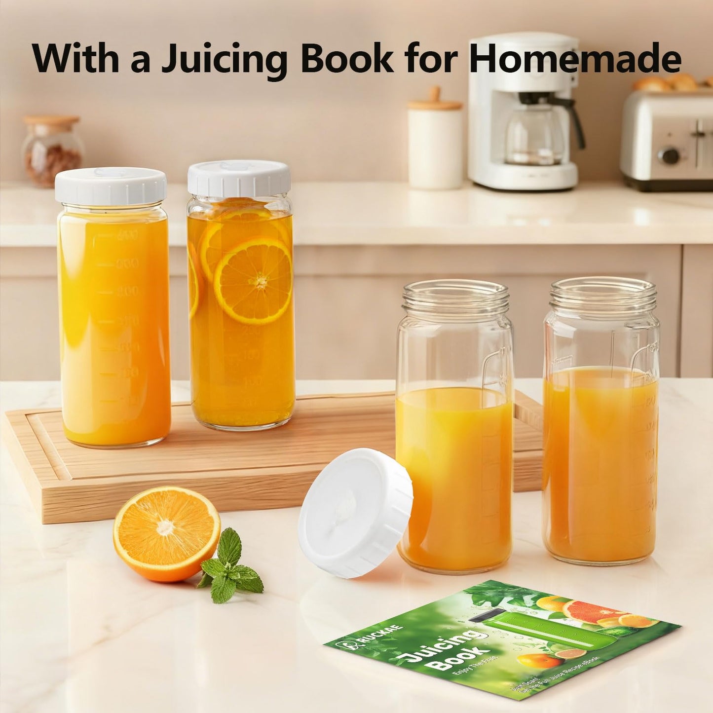 Ruckae 16oz 10 Pack Glass Juice Bottles with Dual Scale, Reusable Glass Bottles with Hole Lids and Straws Mason Jar for Juicing, Smoothies, Kombucha - Water Bottle for Fridge or Gym (Transparent)