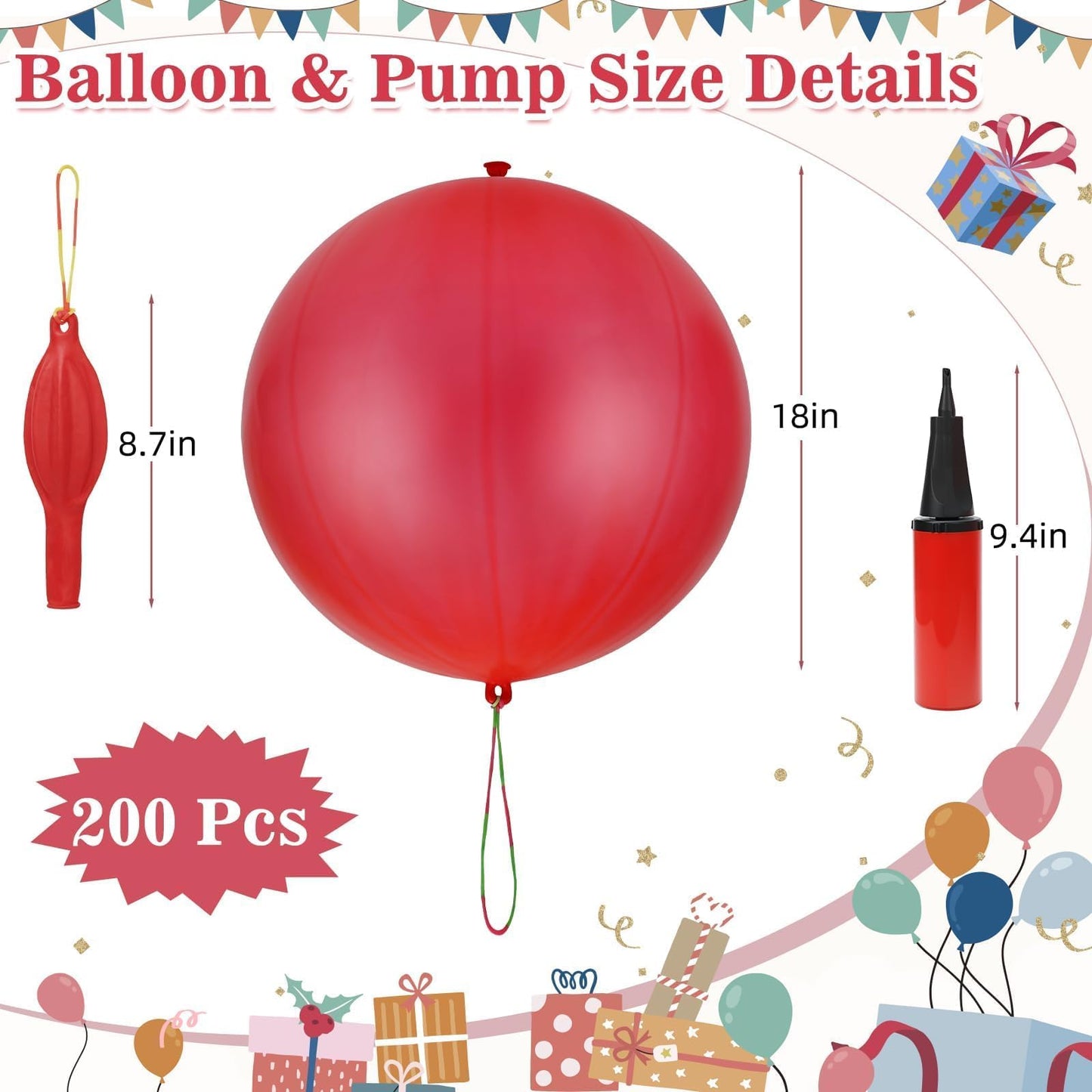 Zealor 200 Pcs Punch Balloons Heavy Duty Punching Balloon Halloween Party Favors with Rubber Band Handle and Air Pump for Birthday Halloween Goodie Bag Stuffer Supply (Red)