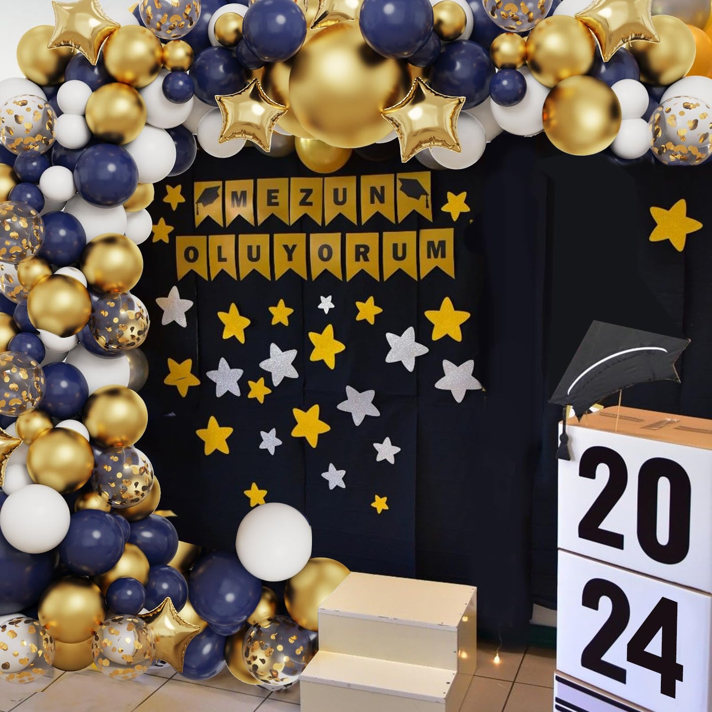 RUBFAC Navy Blue Gold Balloon Garland Arch Kit, 167pcs Royal Blue Gold White Balloons with Gold Confetti Balloons and Star Foil Balloons for Graduation Birthday Baby Shower Party Supplies Decorations