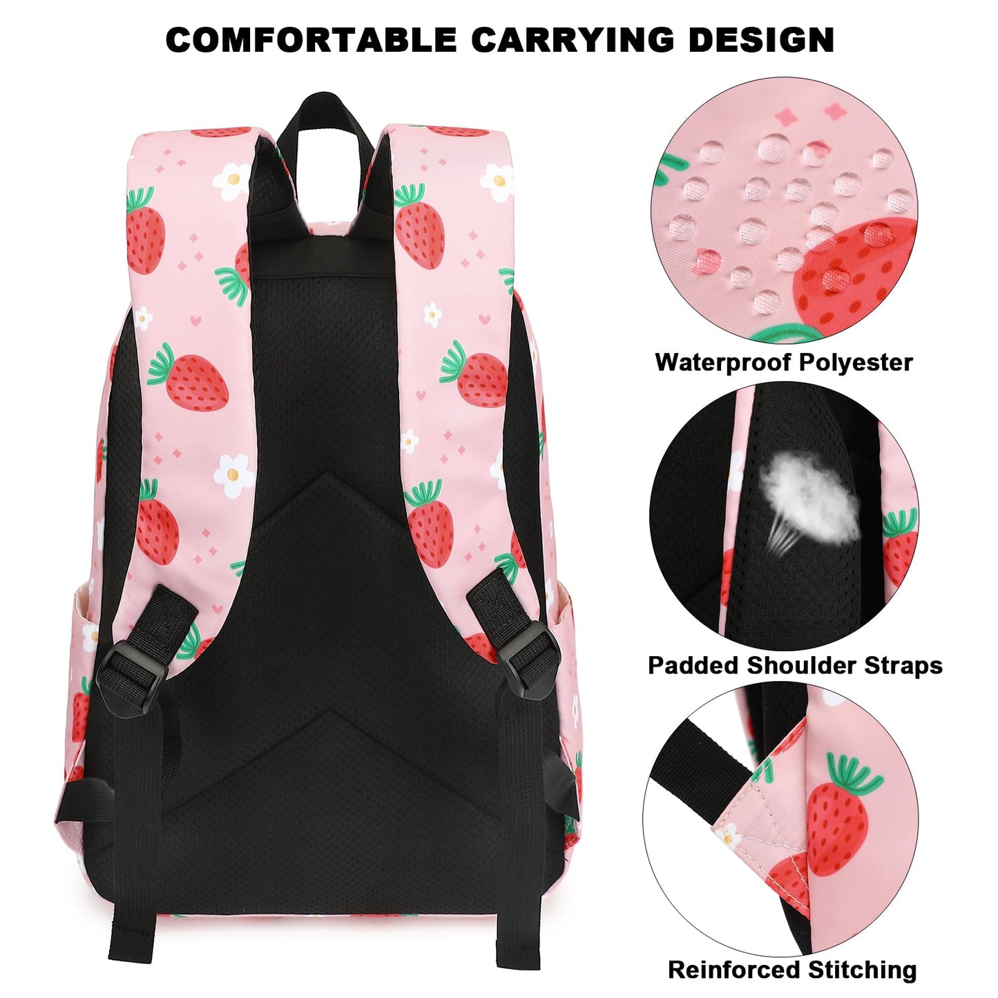 Xunteny Strawberry Girls School Backpack for Kids Teens, Elementary Middle School Backpacks Bookbag Set with Lunch Bag Pencil Case