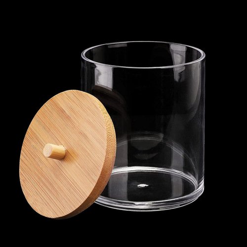 **Qtip Holder Dispenser | Bamboo Lids & Vanity Tray - 10 oz Clear Plastic Apothecary Jar for Makeup Storage**