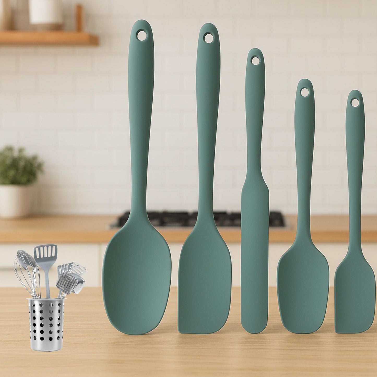 Silicone Spatula Set 5 Piece Kitchen Utensils, Heat Resistant to 445°F, Sage Green, Non-Stick Cooking Magic! Durable Silicone Easy Clean Perfect for Flipping Pancakes & Cooking with Kids