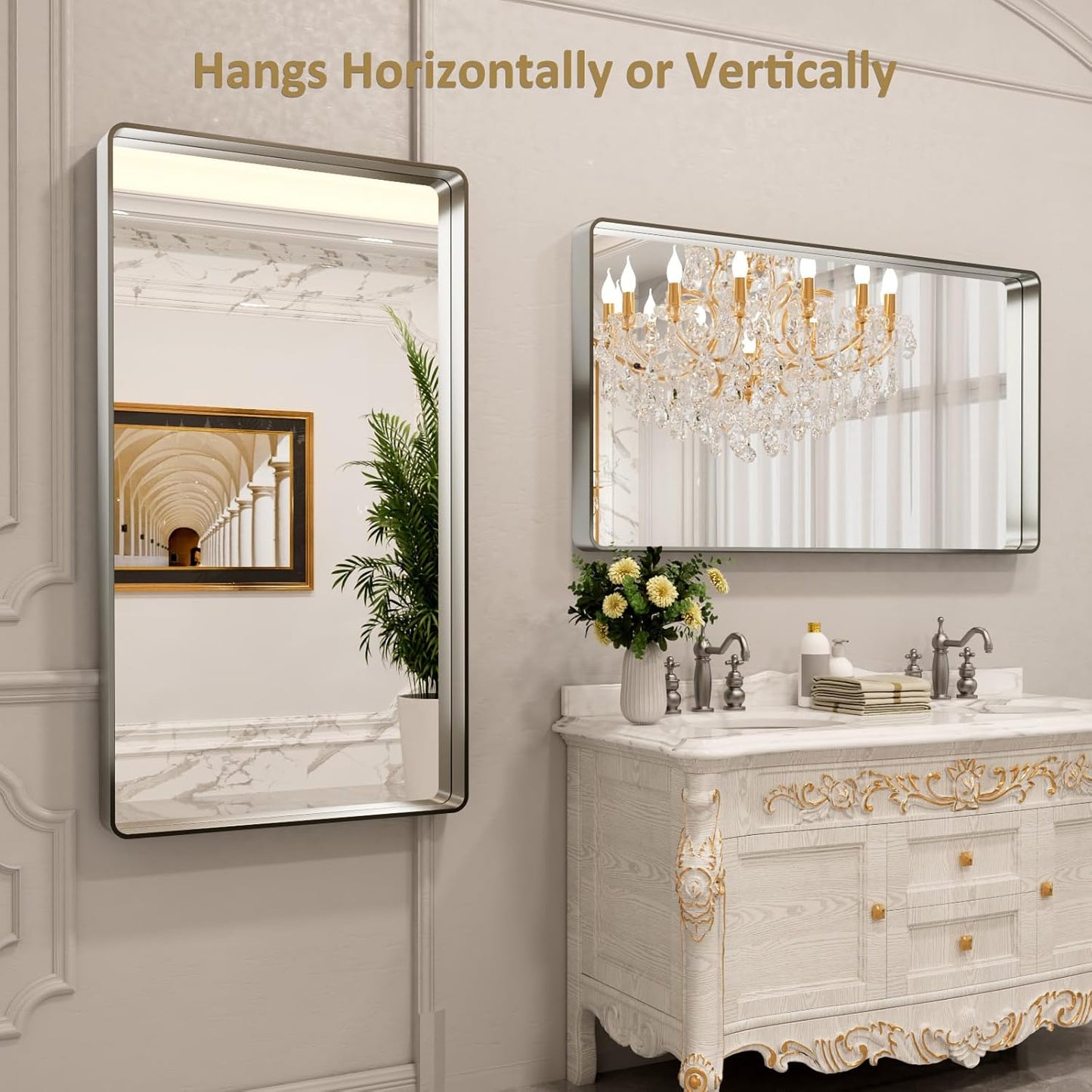 LOAAO Brushed Nickel Bathroom Mirror - 55X30 Inch Rounded Rectangle Design | Anti-Rust & Shatterproof