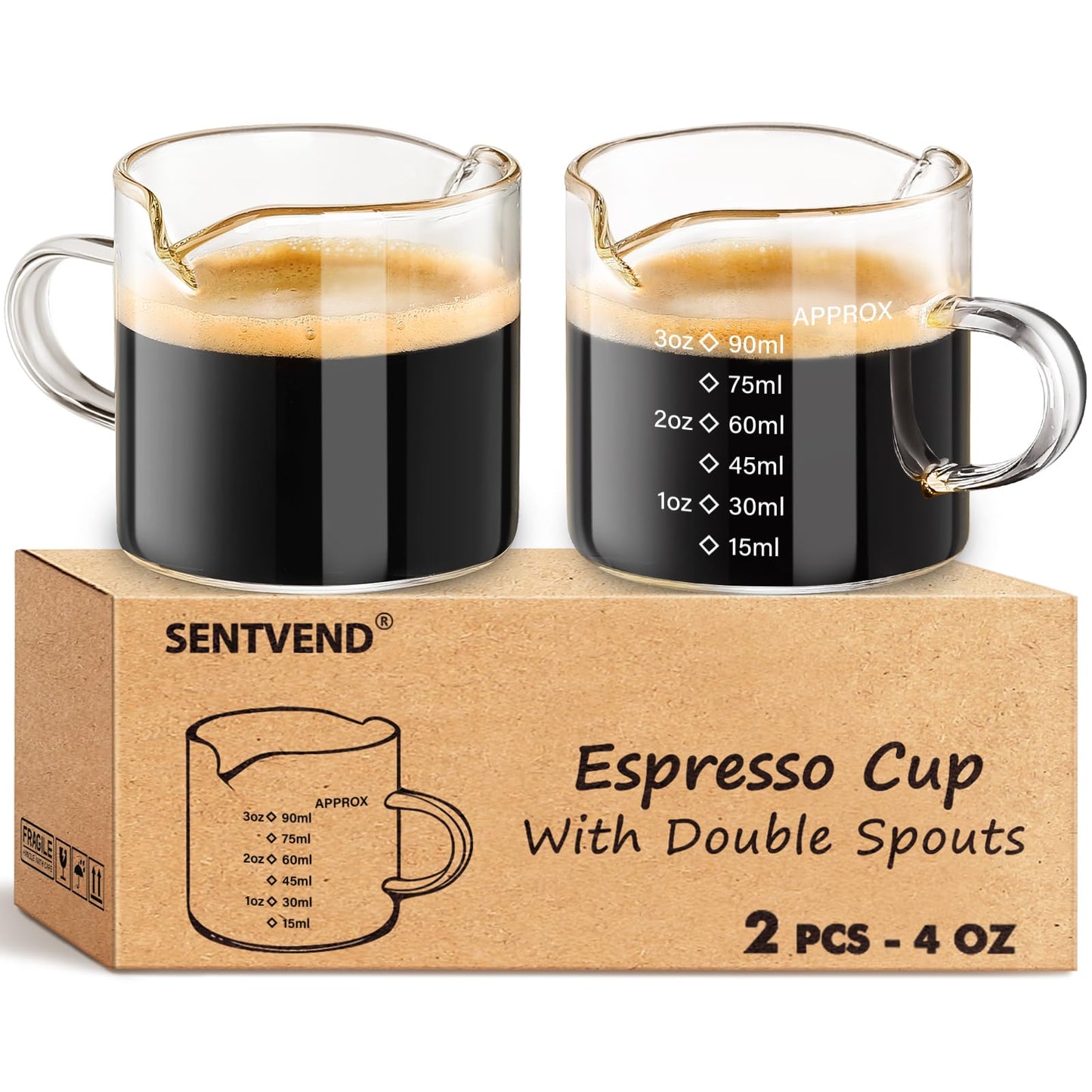 SENTVEND Espresso Cups Set of 2, 4 Oz Espresso Shot Glass with Handle Double Spout Measuring Cups with Scale Clear Glass Milk Cup Coffee Accessories Great for Making Coffee Desserts Salad Dressing