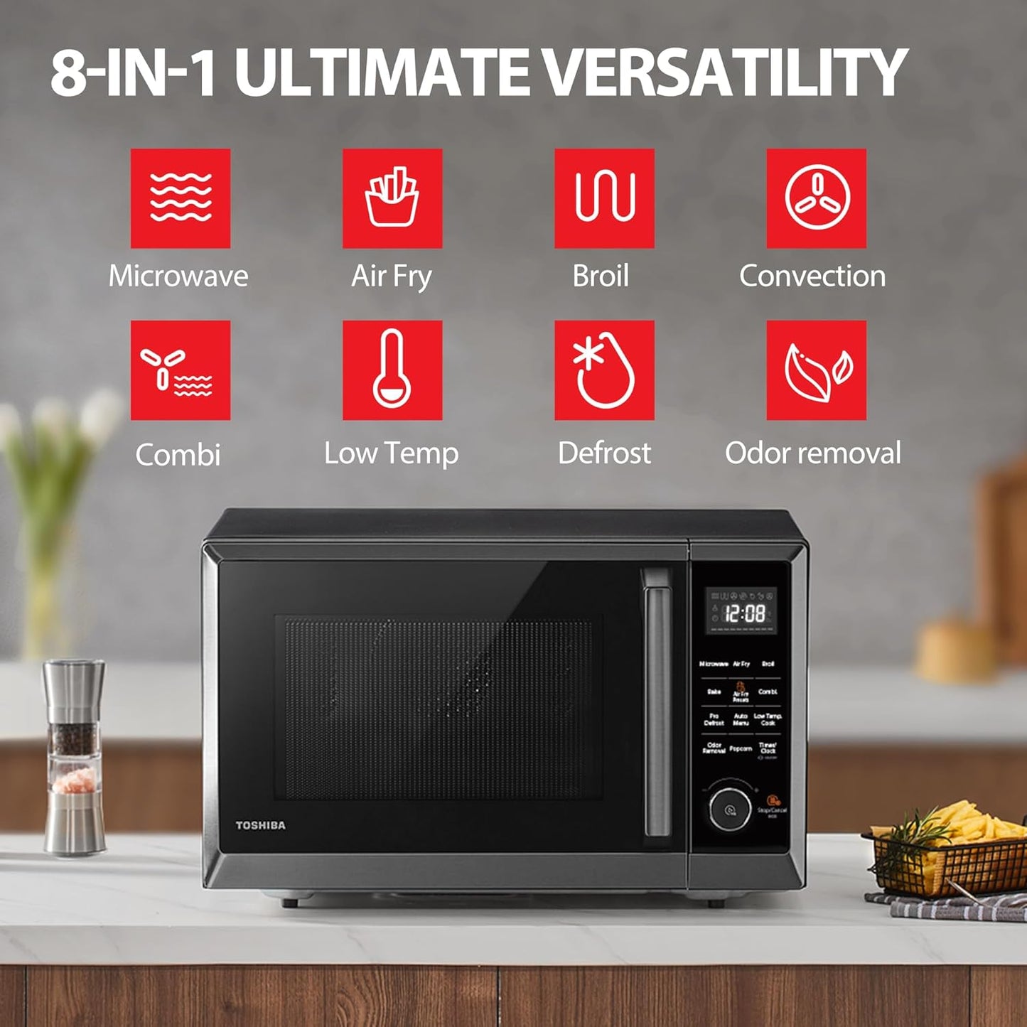 TOSHIBA Air Fryer Combo - 8-in-1 Countertop Microwave Oven with Convection & Mute Function - 1.0 Cu.ft, Black Stainless Steel